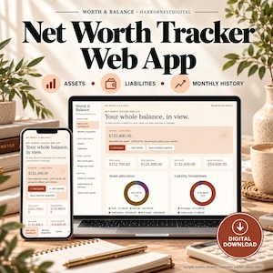Peut inclure: Une application web de suivi de la valeur nette affichée sur un écran d'ordinateur portable et de smartphone. L'interface présente des données financières, notamment les actifs, les passifs et la valeur nette, avec des graphiques. Texte : Worth & Balance.