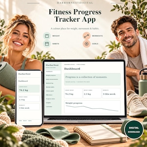 Pode incluir: Uma interface de aplicativo de rastreamento de fitness digital exibida na tela de um laptop e em um smartphone. O painel mostra métricas incluindo peso, treinos e hábitos. O texto diz HarborNest Fitness Progress Tracker App.