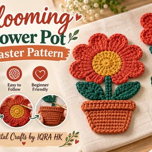 以下が含まれることがあります： Blooming Flower Pot Coaster Patternというタイトルの、植木鉢コースターのデジタルかぎ針編みパターン。画像には、オレンジ、黄色、緑色のかぎ針編みの花が植木鉢に入った完成品と、製作過程を示す3つの円形の写真が表示されています。
