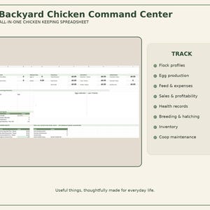 Può includere: Un foglio di calcolo digitale intitolato Backyard Chicken Command Center per monitorare i profili del gregge, la produzione di uova, l'alimentazione, le spese, le vendite, la redditività, la salute, l'allevamento e la manutenzione del pollaio.