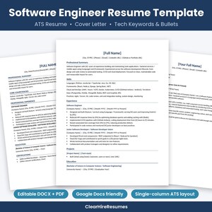Software Engineer Resume Template | ATS Friendly Developer Resume + Cover Letter | Tech Keywords | Word Google Docs PDF