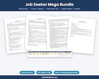 May include: A Job Seeker Mega Bundle featuring a collection of white document templates including resumes, cover letters, an interview kit, and an application tracker. The text includes Job Seeker Mega Bundle, 9 products in 1, 95+ files in 1 ZIP, and ClearHireResumes.
