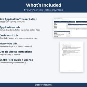 May include: A digital job application tracker set including an Excel file with four tabs, a dashboard, an interview log, a Google Sheets instruction PDF, and a setup guide. The text lists features like status dropdowns and response rates.