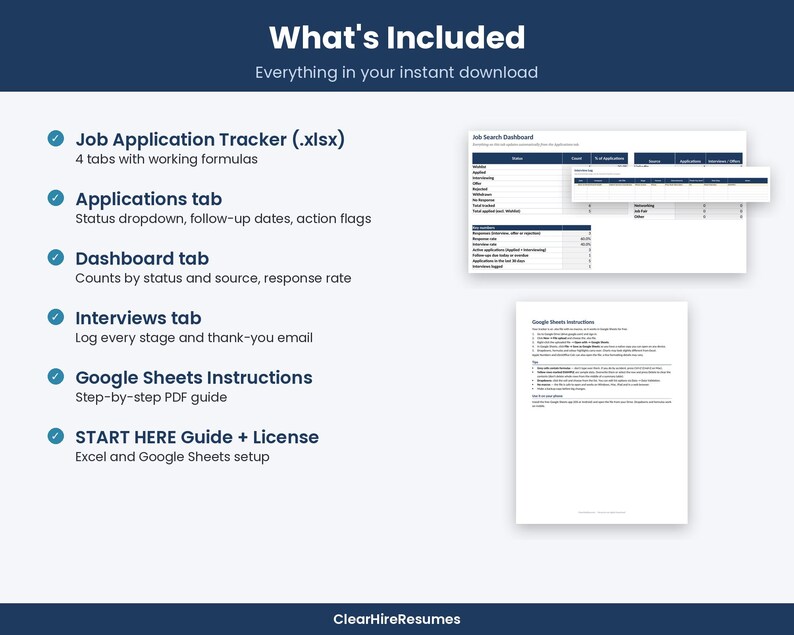 May include: A digital job application tracker set including an Excel file with four tabs, a dashboard, an interview log, a Google Sheets instruction PDF, and a setup guide. The text lists features like status dropdowns and response rates.