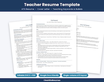 May include: A teacher resume template featuring a single-column ATS layout with sections for professional summary, skills, experience, education, and certifications. The document includes placeholders for contact info and text.