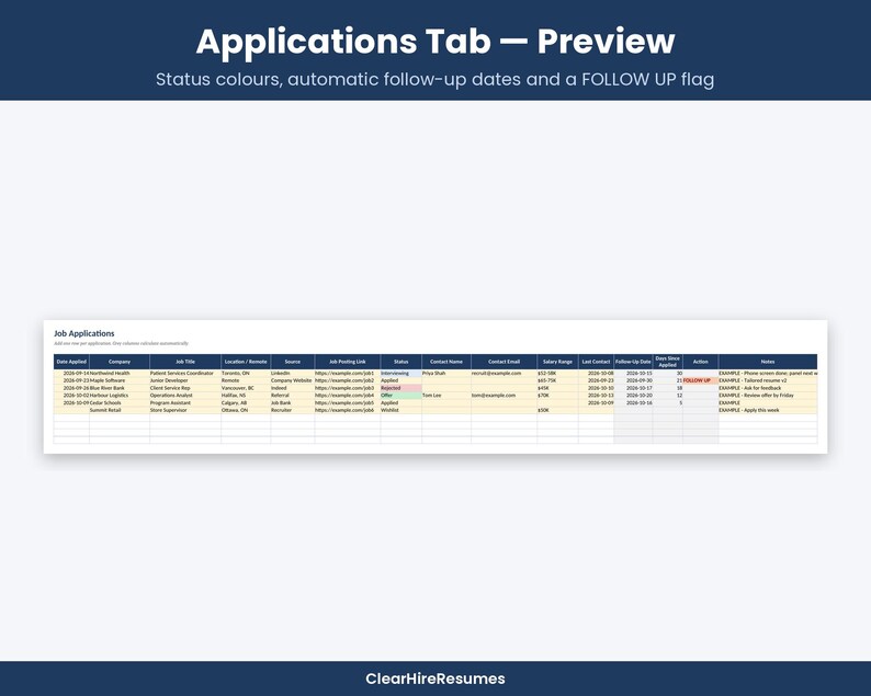 May include: A digital spreadsheet titled Applications Tab - Preview showing job application tracking with columns for company, job title, status, and notes. Rows feature color-coded status updates and a red FOLLOW UP flag.