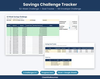 May include: A digital savings challenge tracker spreadsheet featuring a 52-Week Savings Challenge, a Savings Goal Tracker, and a Deposit Log. The layout includes columns for dates, deposit amounts, running totals, and progress metrics in blue, white, and green.