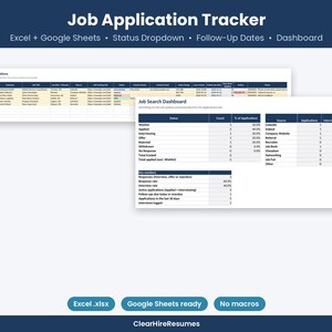 May include: A digital job application tracker template for Excel and Google Sheets featuring a Job Applications spreadsheet and a Job Search Dashboard with status dropdowns, follow-up dates, and automated summary metrics.