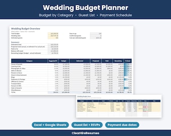 May include: A digital wedding budget planner spreadsheet featuring a Wedding Budget Overview table with columns for category, budget, and expenses, plus a secondary tab for itemized costs, guest lists, and payment schedules.