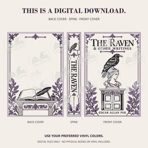 The Raven digital download preview shows an open book and quill on the back, a titled spine, and a raven on a bust above a door on the front, with black and purple accents.