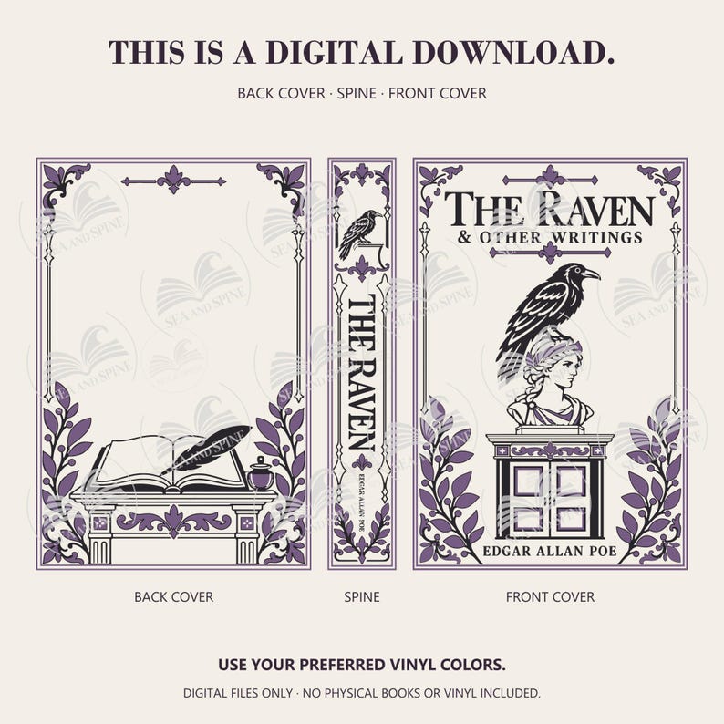 The Raven digital download preview shows an open book and quill on the back, a titled spine, and a raven on a bust above a door on the front, with black and purple accents.