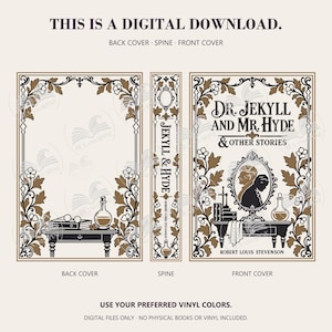Jekyll and Hyde digital download preview shows a back cover with bottles and books on a table, a titled spine and a front with a silhouette in an ornate mirror, in black and brown.
