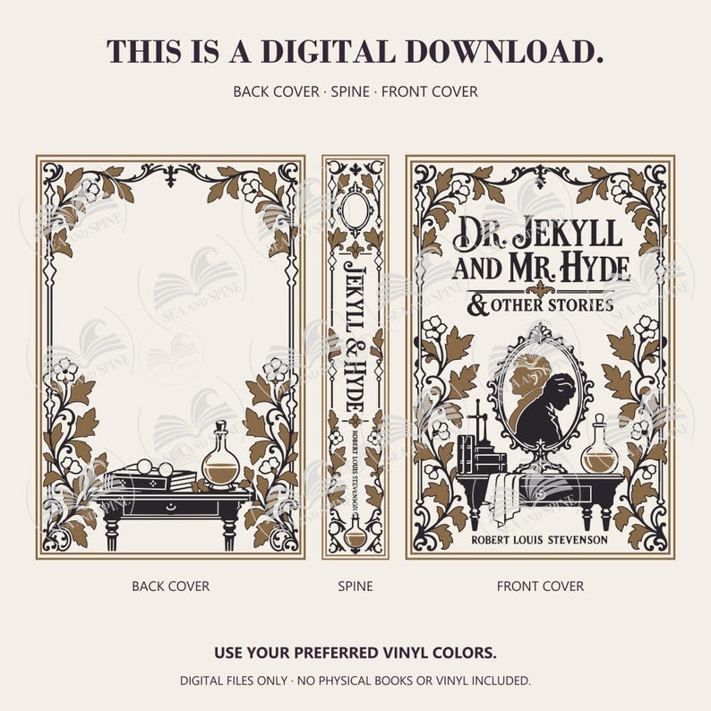 Jekyll and Hyde digital download preview shows a back cover with bottles and books on a table, a titled spine and a front with a silhouette in an ornate mirror, in black and brown.