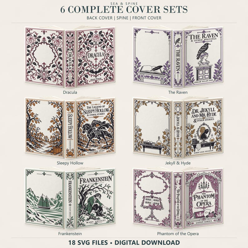 Puede incluir: Una colecci&oacute;n digital de 6 juegos completos de portadas de libros que incluyen Dracula, The Raven, Sleepy Hollow, Dr. Jekyll and Mr. Hyde, Frankenstein y The Phantom of the Opera. Cada juego presenta una contraportada, lomo y portada.