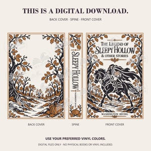 Sleepy Hollow digital download preview shows a forest path and pumpkin on the back, a titled spine and a headless horseman on the front, with black and orange leaf borders.
