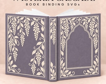 Puede incluir: Un gráfico digital de un libro abierto con una cubierta morada que presenta ilustraciones de enredaderas de glicina en color crema. El texto WISTERIA CASCADE BOOK BINDING SVGs y CRICUT & SILHOUETTE CUT FILE • EASY TO CUT & WEED aparece en negro.