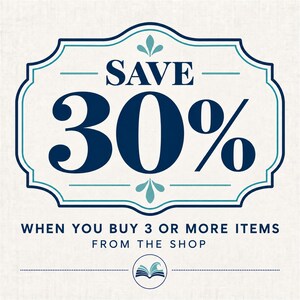 Cream promotional card with a blue and teal border advertises 30% off when buying three or more items from the shop.