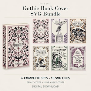 Puede incluir: Un paquete digital de 18 archivos SVG de portadas de libros g&oacute;ticos titulado Sea & Spine. Incluye dise&ntilde;os para Dracula, The Raven, The Legend of Sleepy Hollow, Dr. Jekyll and Mr. Hyde, Frankenstein y The Phantom of the Opera con lomos y portadas.