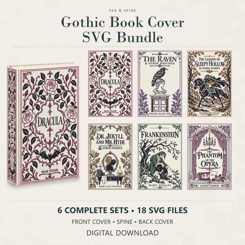 Puede incluir: Un paquete digital de 18 archivos SVG de portadas de libros g&oacute;ticos titulado Sea & Spine. Incluye dise&ntilde;os para Dracula, The Raven, The Legend of Sleepy Hollow, Dr. Jekyll and Mr. Hyde, Frankenstein y The Phantom of the Opera con lomos y portadas.