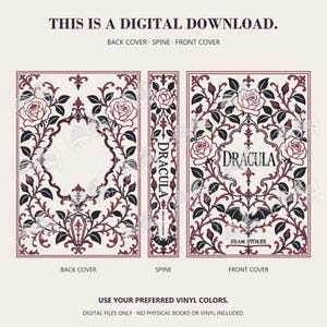 Dracula digital download preview shows back cover, spine and front cover in black and burgundy, with roses, bats, a coffin motif and Bram Stoker lettering.