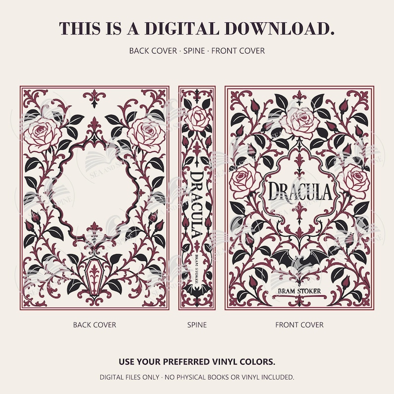 Dracula digital download preview shows back cover, spine and front cover in black and burgundy, with roses, bats, a coffin motif and Bram Stoker lettering.