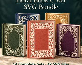 Puede incluir: Una colección digital de cinco portadas de libros con intrincados diseños florales y botánicos en verde oscuro, azul, naranja, dorado y morado. El texto dice: SEA & SPINE Floral Book Cover SVG Bundle, 14 Complete Sets, 42 SVG Files, Digital Download.