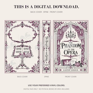 The Phantom of the Opera digital preview shows a music stand on the back, a titled spine, and curtains, chandelier, mask and rose on the front, with purple and black ornaments.
