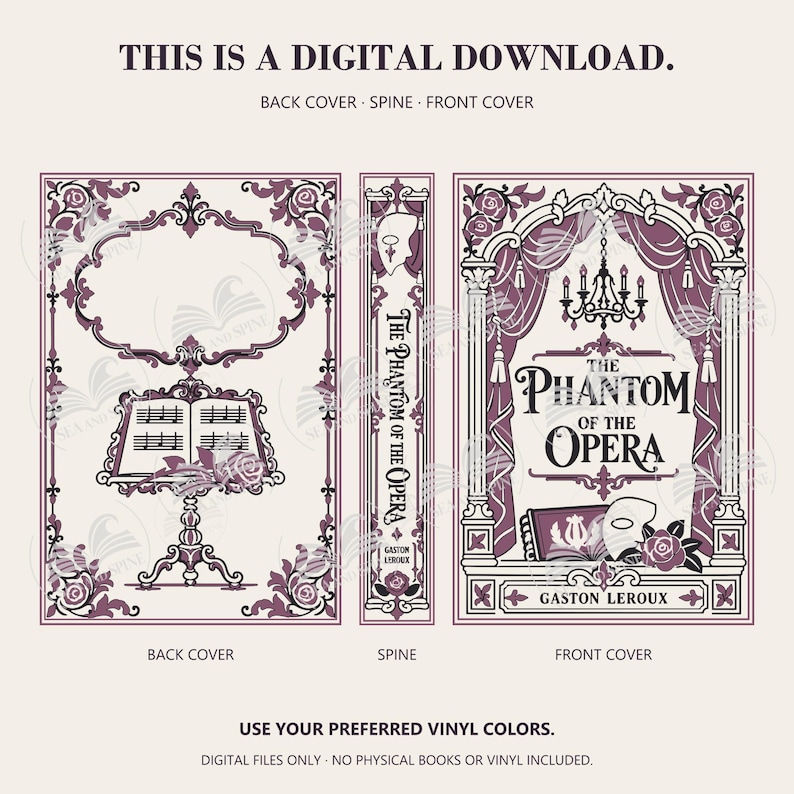 The Phantom of the Opera digital preview shows a music stand on the back, a titled spine, and curtains, chandelier, mask and rose on the front, with purple and black ornaments.