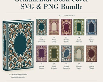 Puede incluir: Un paquete digital titulado Ornamental Book Cover SVG & PNG Bundle que presenta 10 diseños decorativos de portadas de libros. Cada diseño muestra patrones intrincados, incluyendo motivos de acanto, rocalla y filigrana en varias paletas de colores.