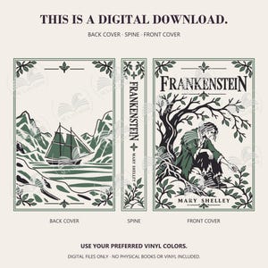 Frankenstein digital download preview shows a sailing ship on the back cover, a titled spine, and a seated figure beneath a tree on the front, in black and green.