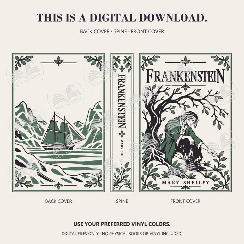 Frankenstein digital download preview shows a sailing ship on the back cover, a titled spine, and a seated figure beneath a tree on the front, in black and green.