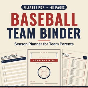Könnte beinhalten: Ein ausfüllbarer PDF-Baseball-Teamordner mit 48 Seiten als Saisonplaner für Eltern. Das Dokument enthält eine Teamliste, eine Kommandozentrale-Seite mit einer Baseball-Grafik und ein detailliertes Inhaltsverzeichnis.