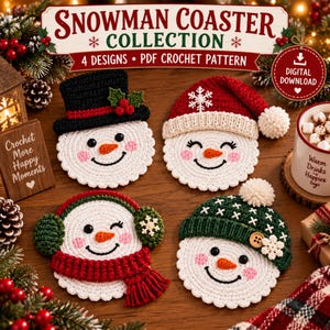 Könnte beinhalten: Eine digitale PDF-Häkelanleitung für eine Schneemann-Untersetzer-Kollektion mit 4 Designs. Das Bild zeigt vier runde, weiße Schneemann-Untersetzer mit orangefarbenen Nasen, schwarzen Augen und rosa Wangen, die jeweils verschiedene gehäkelte Winteraccessoires tragen.