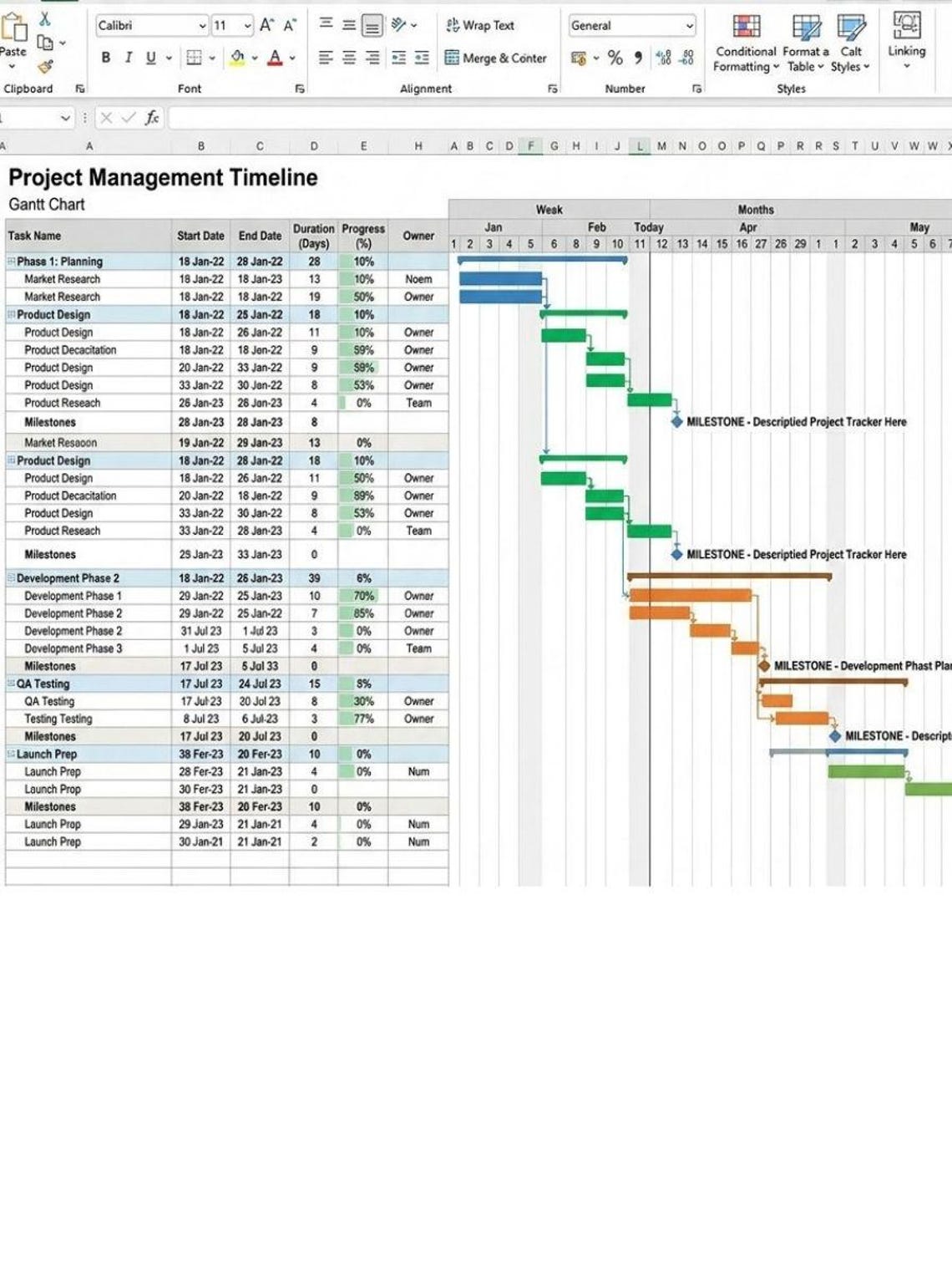 Project Task Flowchart For Building Project Gantt Chart Template, Project Planner, Project Timeline, Task Tracker ...