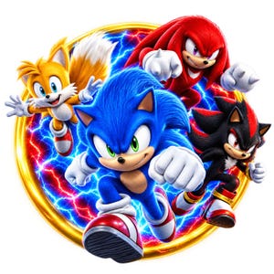 May include: A vibrant graphic featuring Sonic the Hedgehog, Tails, Knuckles, and Shadow positioned in front of a glowing gold ring filled with swirling blue and red lightning energy. The characters are depicted in dynamic poses with expressive faces.