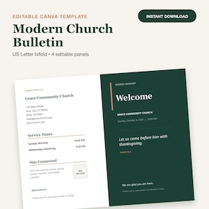 Può includere: Un modello Canva modificabile per un bollettino parrocchiale moderno, con un design a quattro pannelli in formato US Letter. Il layout include testo per la Grace Community Church, orari delle funzioni e un segnaposto per codice QR.