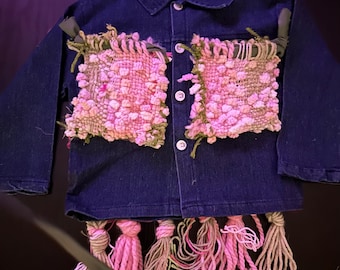 Custom Kids Denim Jacket with Handwoven Backpack, Pink and Green Textile Art Jacket