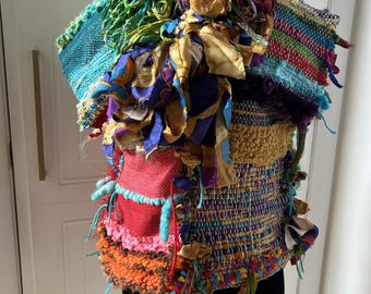 Handwoven Multicolor Top with Sari Silk and Ribbon, Textured Fringe Wearable Art, Size Small