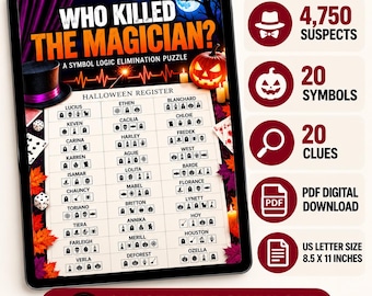 Murder Mystery Logic Puzzle - Who Killed the Magician? Printable Whodunit Elimination Puzzle, Halloween Symbol Logic Challenge.