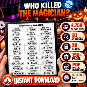 Op de afbeelding: Een digitaal Halloween mysterie spel getiteld Who Killed The Magician? met een Halloween Register tabel met namen en symbolen, 4.750 verdachten, 20 symbolen, 20 aanwijzingen, 150+ pagina's, PDF-download en 21,59 x 27,94 cm formaat.