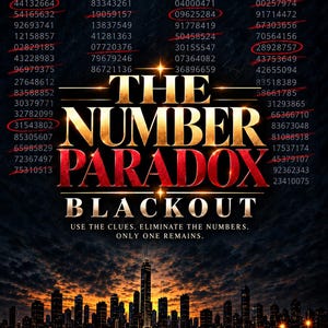 Può includere: Un poster intitolato THE NUMBER PARADOX BLACKOUT con il testo USE THE CLUES. ELIMINATE THE NUMBERS. ONLY ONE REMAINS. Lo sfondo mostra un oscuro skyline cittadino al tramonto con molti numeri a otto cifre, alcuni dei quali cerchiati in rosso.
