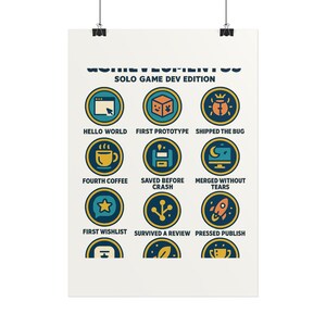 Achievements Unlocked: The Solo Game Dev Milestone Badge Chart - Illustrated Poster for Indie Devs