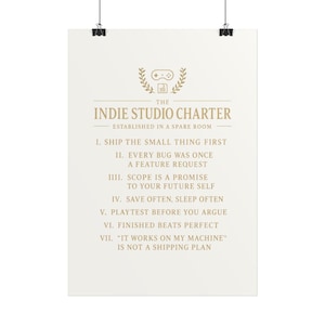 Charta des Indie-Studios – Einrahmbares typografisches Studio-Manifest-Poster – Elegantes Wandbild als Geschenk für Indie-Spieleentwickler und Solo-Studios
