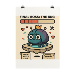 Jefe final: El insecto - Póster de batalla contra el jefe final con una simpática mascota de insecto pixelada para desarrolladores de juegos independientes