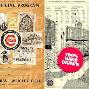 Puede incluir: Un programa oficial de 2026 de los Chicago Cubs con fotografías históricas del equipo, un logotipo del 150 aniversario y una ilustración dibujada a mano del Wrigley Field. El diseño incluye instrucciones de puntuación y la historia del equipo.