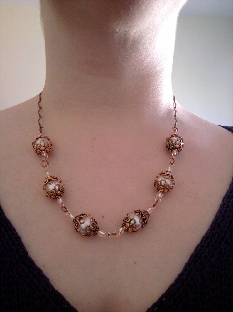 Pearl and Copper Cap Necklace Etsy