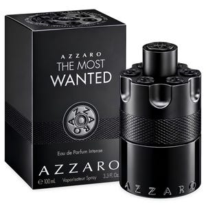 May include: A black cylindrical perfume bottle with a revolver cylinder design and a matching black rectangular box. The box features the text Azzaro The Most Wanted, Eau de Parfum Intense, 100 ml, and 3.3 Fl. Oz. The bottle has a textured grip.