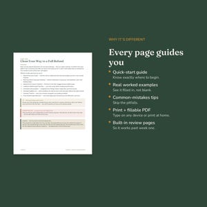 以下が含まれることがあります： Clean Your Way to a Full Refundというタイトルのデジタル文書。掃除のチェックリスト、ヒント、タイムラインが記載されています。テキストには、クイックスタートガイド、実際の作業例、よくある間違いのヒント、印刷および記入可能なPDFなどの機能が強調されています。