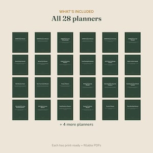 May include: A collection of 28 digital planners displayed in a grid on a light background. Each dark green rectangular planner cover features white text titles including ADHD Daily Planner, Business Planner, and Goal Setting Workbook, with the text + 4 more planners and Each has print-ready + fillable PDFs at the bottom.