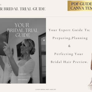 以下が含まれることがあります： Your Bridal Trial Guideというタイトルのデジタルガイド。鏡を見る人物の白黒写真と、白いウェディングドレスを着た人物のイラストが掲載されています。テキストには、Your Expert Guide To: Preparing, Planning & Perfecting Your Bridal Hair Previewと記載されています。